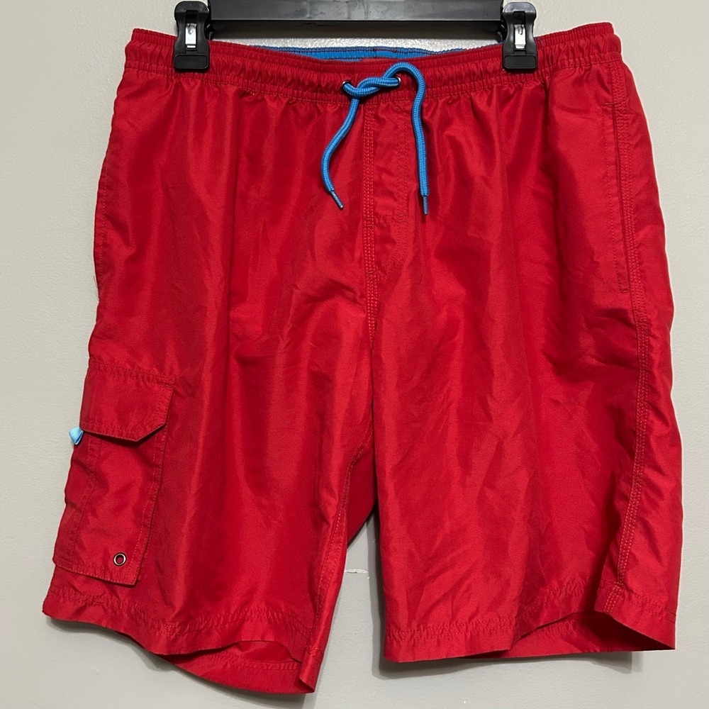 Saks Fifth Avenue Swim Trunks L Red Cargo Pocket Board Shorts Coastal Vacation